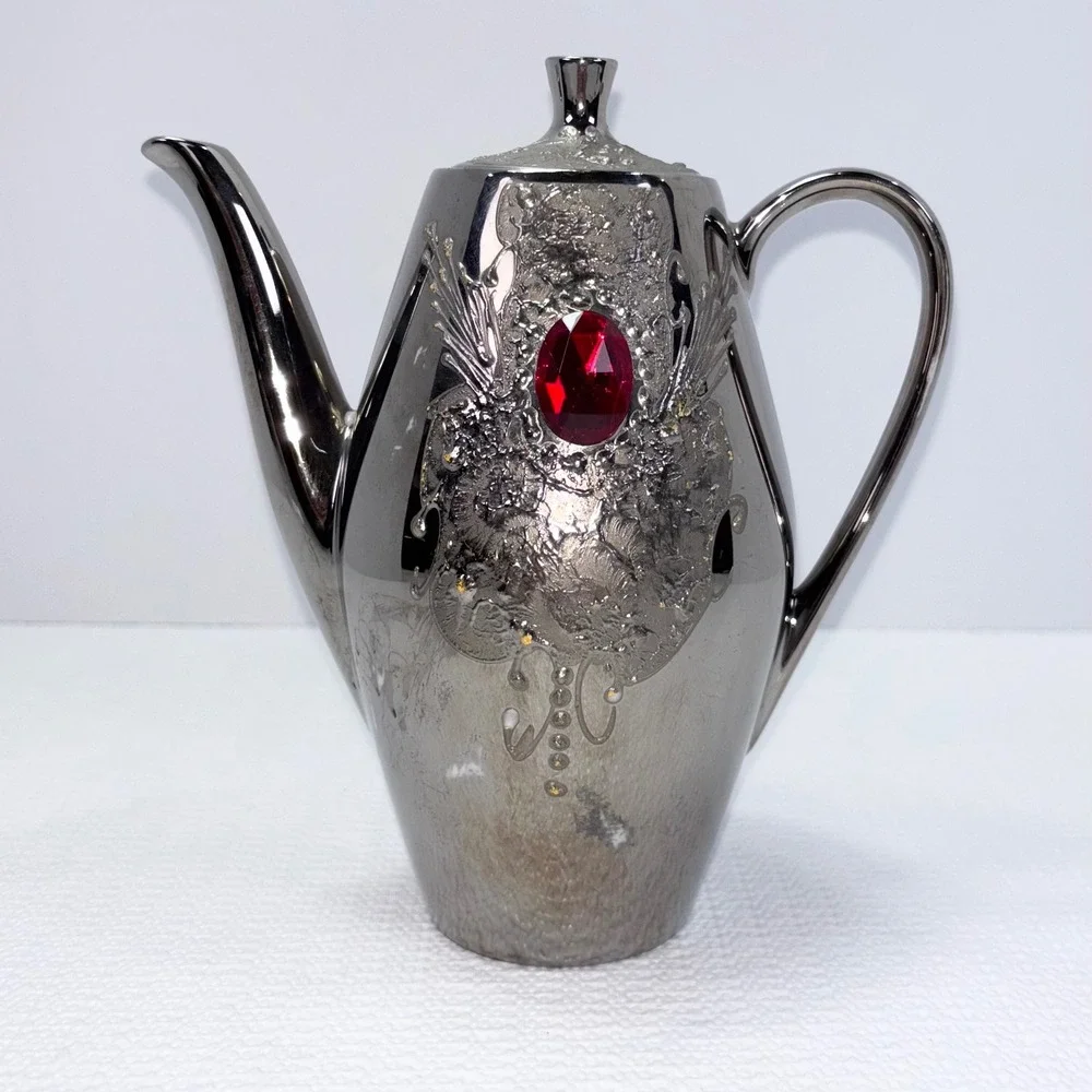 Vintage Teapot Bavaria Porzellanfabrik Porcelain Coffee Pot Silver Tone German
